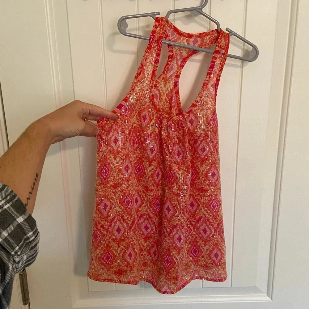Girl’s multicolored pink‎ orange sequin front tank top — small